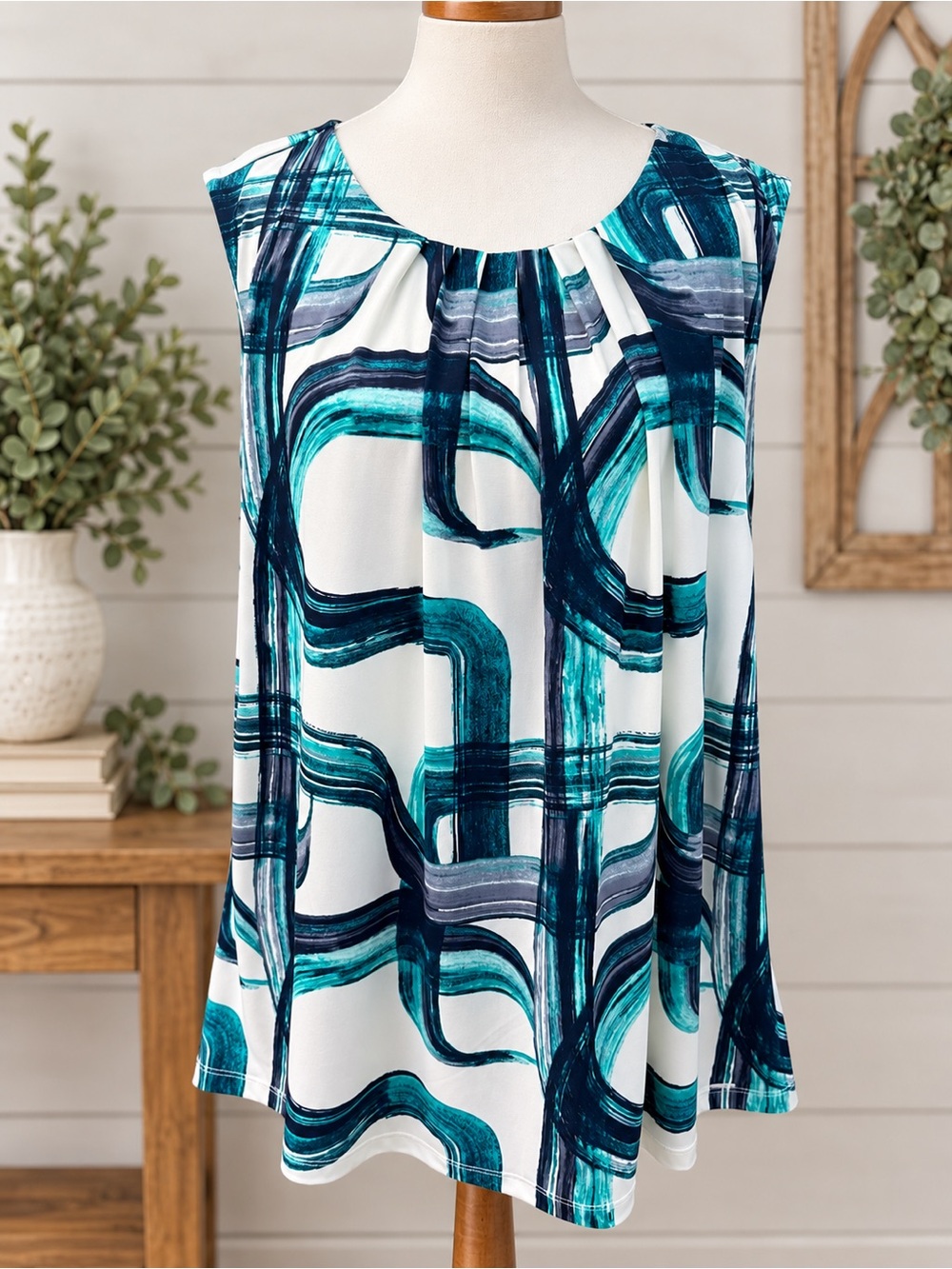 Calvin Klein Sleeveless Tank with Teal & Navy Brushstroke Print